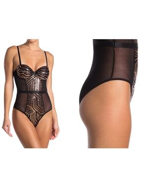 Black Fuchsia Secret Lace Sequin Panel Bodysuit Black Gold